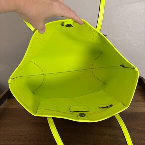 Coach Brown Signature Canvas Neon Lime Green Neon Glo Yellow City Tote - Picture 8 of 10